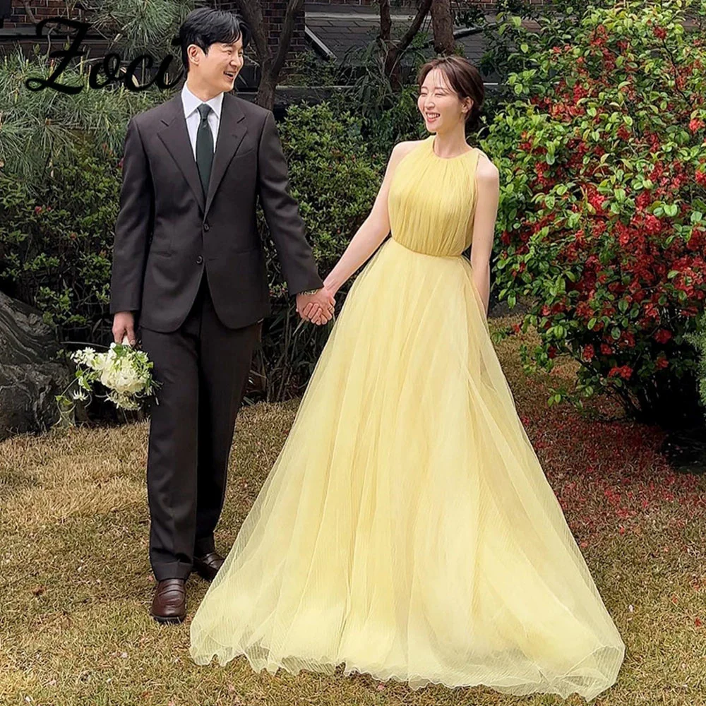 

Zoci Elegant Yellow Sleeveless Korea Wedding Dresses Pleat Tulle A Line Evening Formal Party Dress Photos Shoot Customized