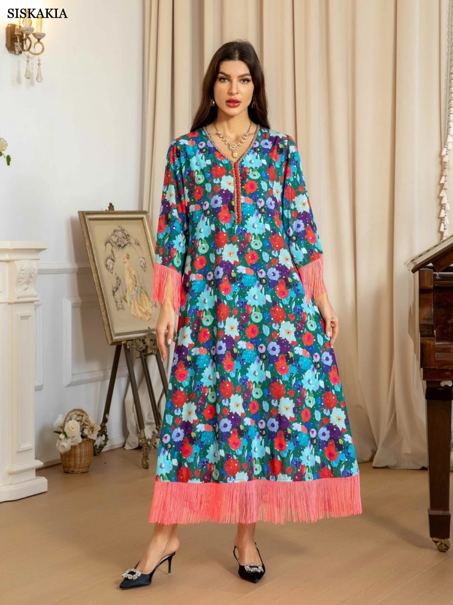 Sisakia dubaï imprimé fleuri élégant Abaya nouvelle robe à franges musulmane élégante caftan pour femmes