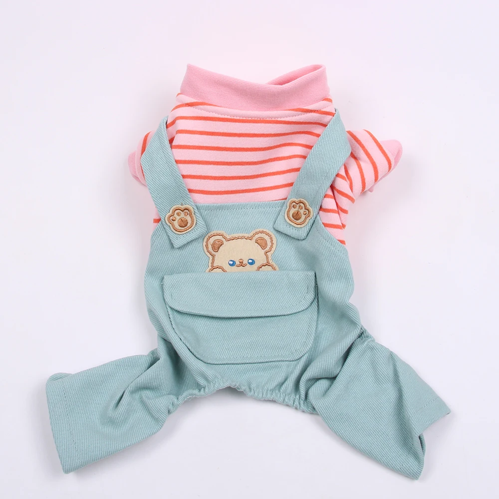 Striped Dog Cat Jumpsuit Rompers Bear Design Dog Coat Jacket Cat Puppy Autumn Clothes Outfit 3 Colours