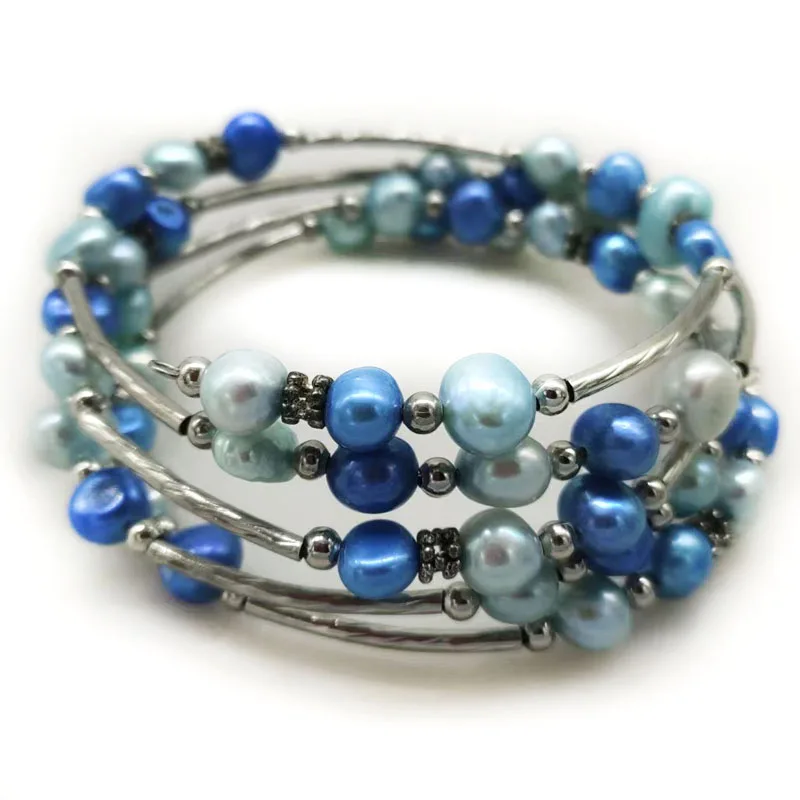 33 inches 7-8mm Blue Natural Baroque Pearl Memory Wire Bracelet