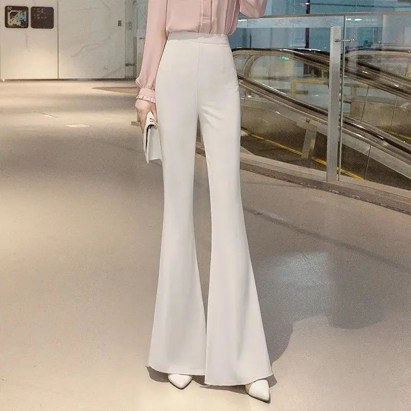 

Новые летние тонкие модные прямые брюки-клеш, женские однотонные эластичные брюки с высокой талией и лоскутными карманами, широкие брюки