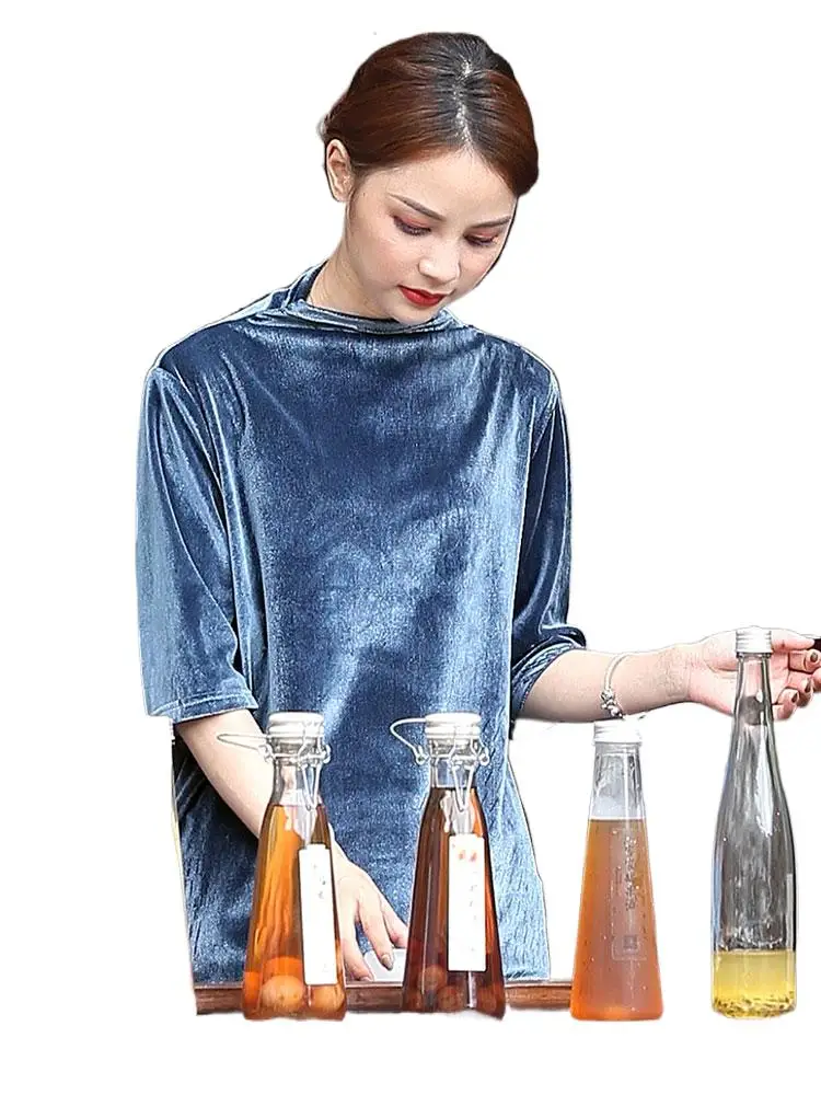 Kemeja Beludru Setengah Turtleneck Vintage Musim Semi & Musim Gugur Kasual Fashion T-shirt Velour Setengah Lengan Slim Ropa Mujer ukuran plus