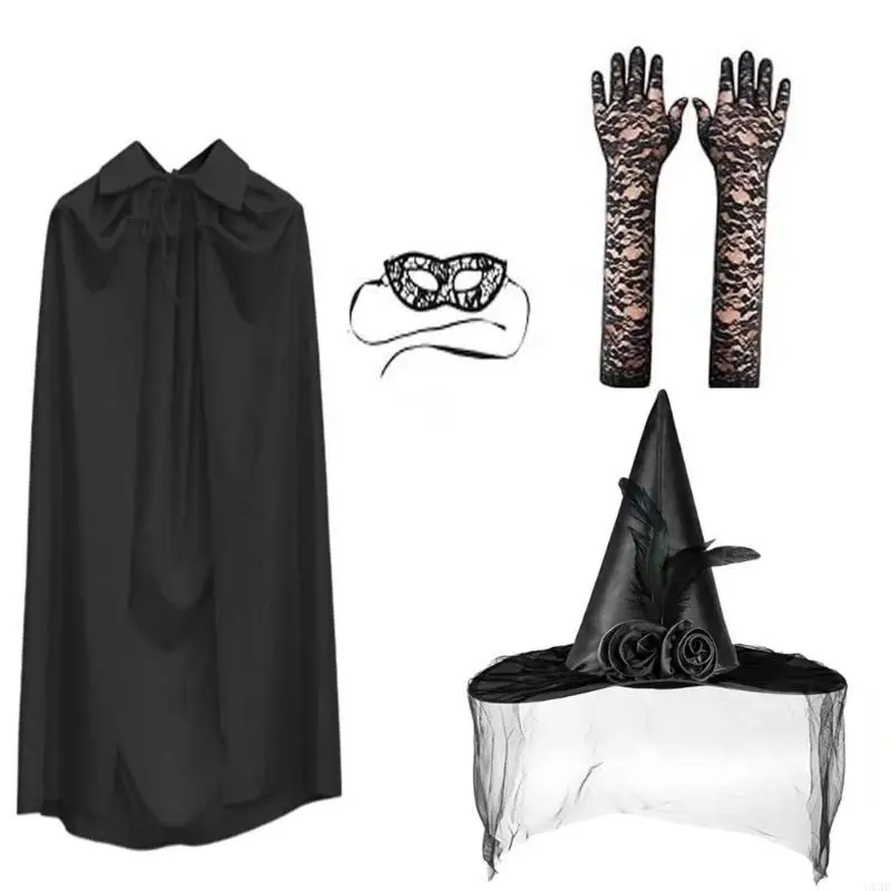 Halloween Witch Cosplay Accessoires Dames Witch Kostuum Witch Cloak Witch Hat Lace Eye Mask en handschoenen voor vrouwen