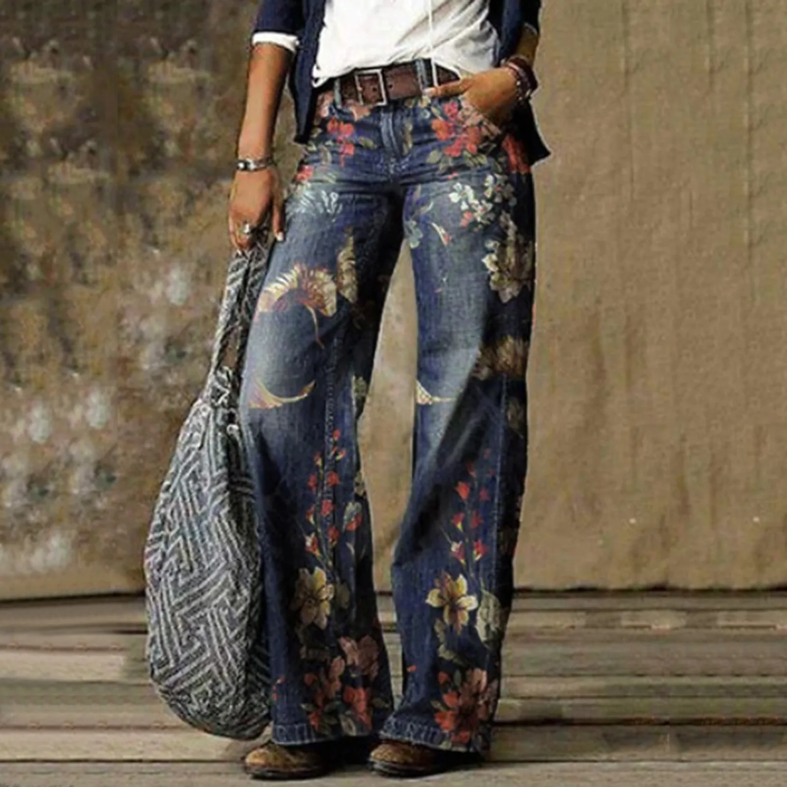 American Wash alte Big Print Micro Flare Jeans weibliche Retro lose gerade Hosen hohe Taille drapierte lässige Jeans hose