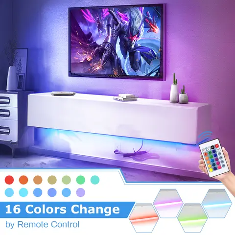 Supporto TV galleggiante a luce LED per TV fino a 63", moderno centro di intrattenimento lucido Armadi multimediale TV bianchi montati a parete