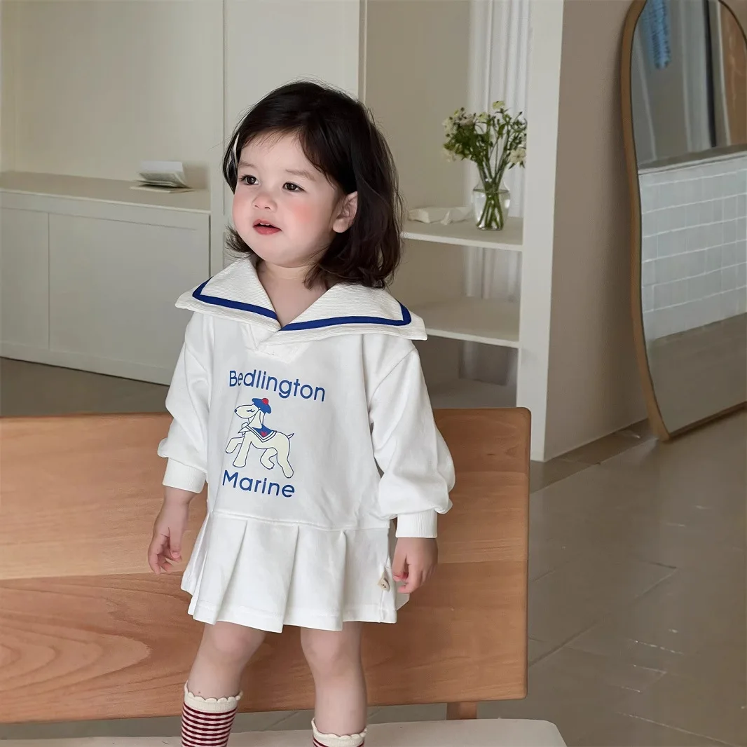 

2025 Spring New Baby Long Sleeve Dress Cotton Girls Cute Lapel Dress Infant Cartoon Letter Print Princess Dress Toddler Clothes
