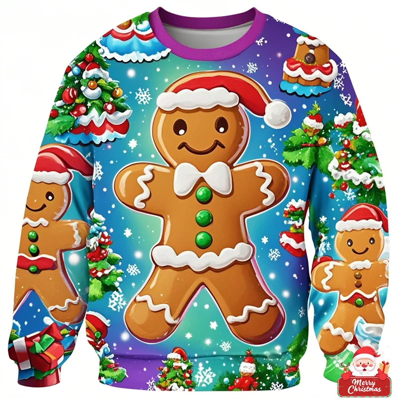 Brzydkie świąteczne swetry Gingerbread Man 3D Funny Print Holiday Party Xmas Sweatshirt For Party Birthday Xmas Boy Sweatshirt 2024