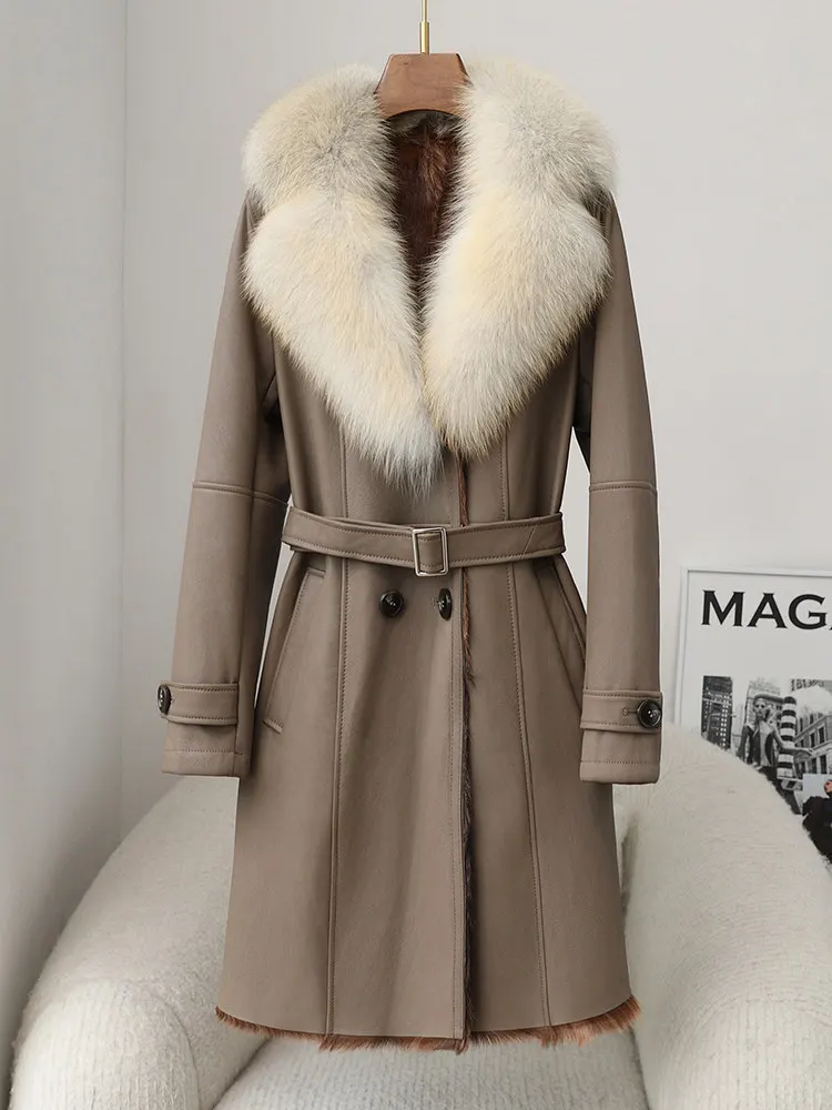 Speciale uitverkoop: Originele geïntegreerde jas van ecologisch bont voor dames, halflange lamsvachtjas met vossenbontkraag