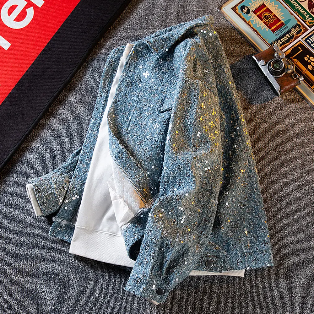 

Sequin Denim Jacket Men's Luxury Streetwear Shiny Cowboy Coats Loose Casual Single-breasted Long Sleeve Spring Autumn Jacket