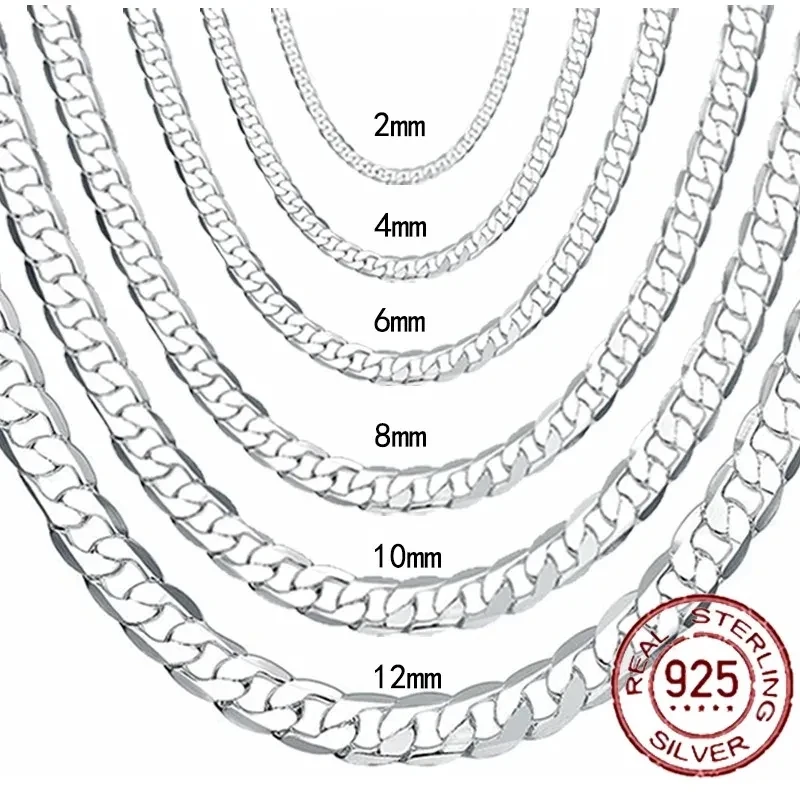 Colar de prata esterlina 925 para homens e mulheres, corrente facial, fecho de lagosta, jóias de noivado, 2mm, 4mm, 6mm, 8mm, 10mm, 12mm, 40-75cm