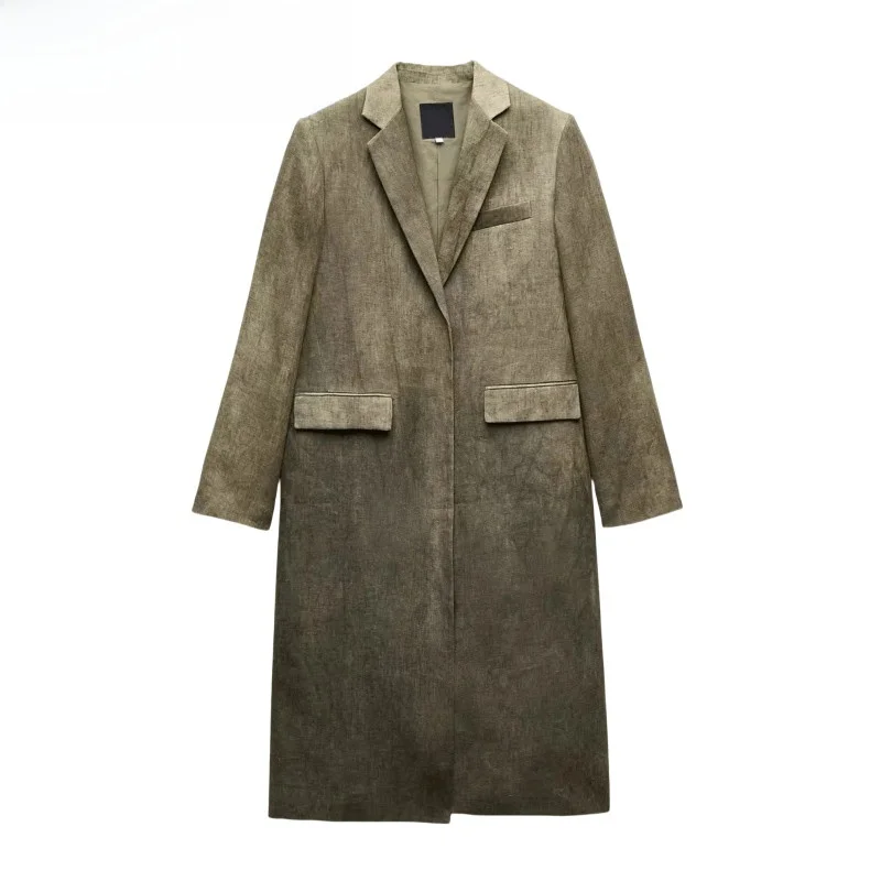 

Summer New Women's Long Sve Collar Linen Dyed Windbreaker Mid-Length Open Cardigan Coat Casual Loose Fit Regular Thic...