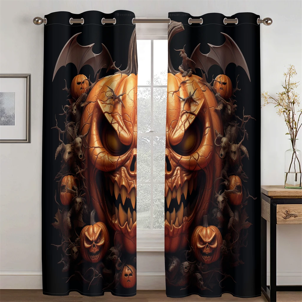 

3D Horror Pumpkin Head Curtain Skull Halloween Style 2 Panel Fit Living Room Bedroom Kitchen Balcony Window Decor