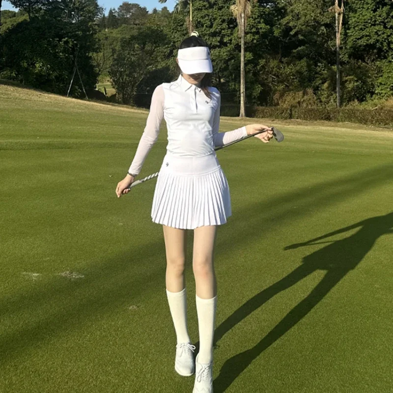 2024 SG Golf Women Ice Silk Sunscreen Long Sleeved White Slim Top Pleat Skirt Set Breathable Lapel Shirt Anti-expose Short Skort