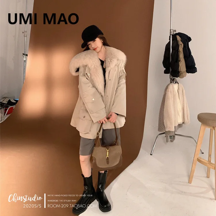 UMI MAO Women's Medium-Length Fox Parka Real Sheep Fur Collar Down Jacket With Detachable Liner Oversized Loose Fit Coat