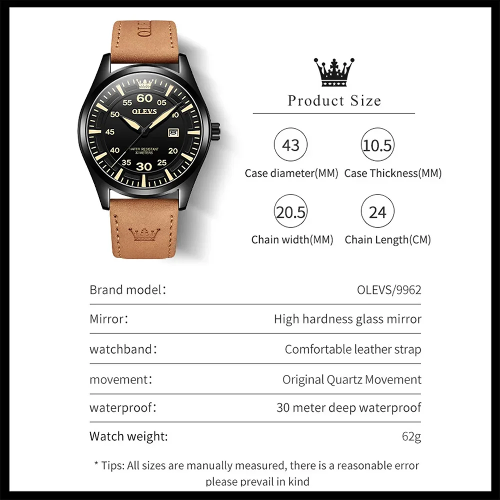 OLEVS Top Brand Men\'s Watches Fashion Leather Strap Casual Sport Clock Male Quartz Wrist Watch Waterproof Calendar Watch for Men