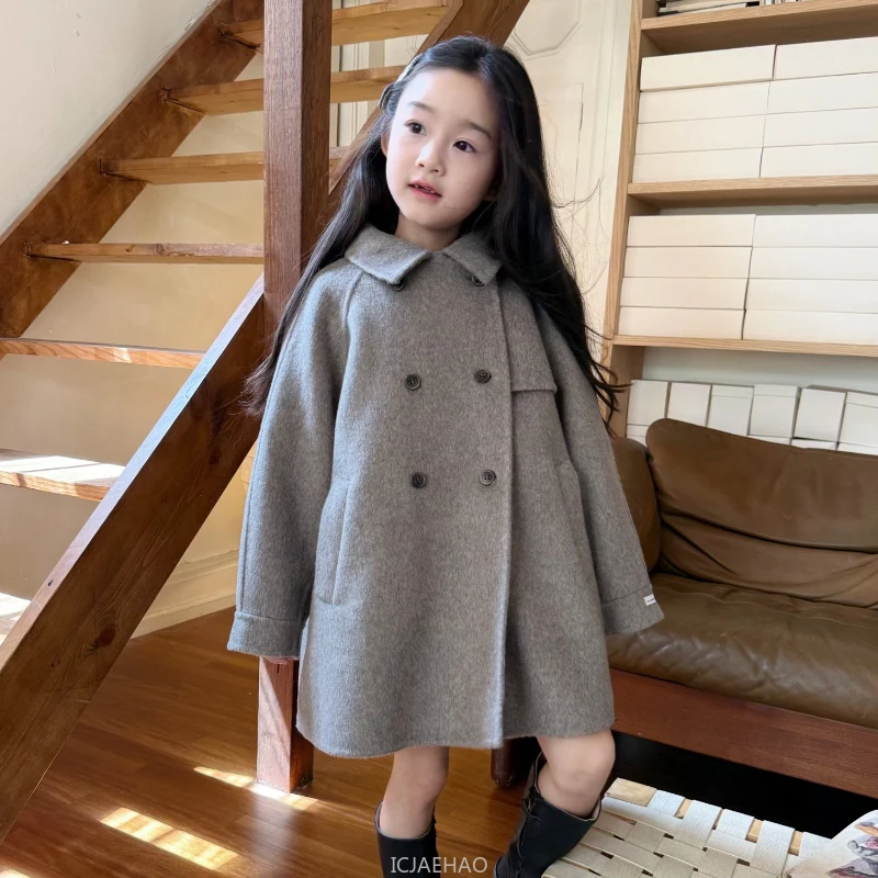 Teen Girl Clothes Children Vintage 100 Wool Double Faced Girls Coat French Style Heather Costume Matching Winter Gray  Handmade