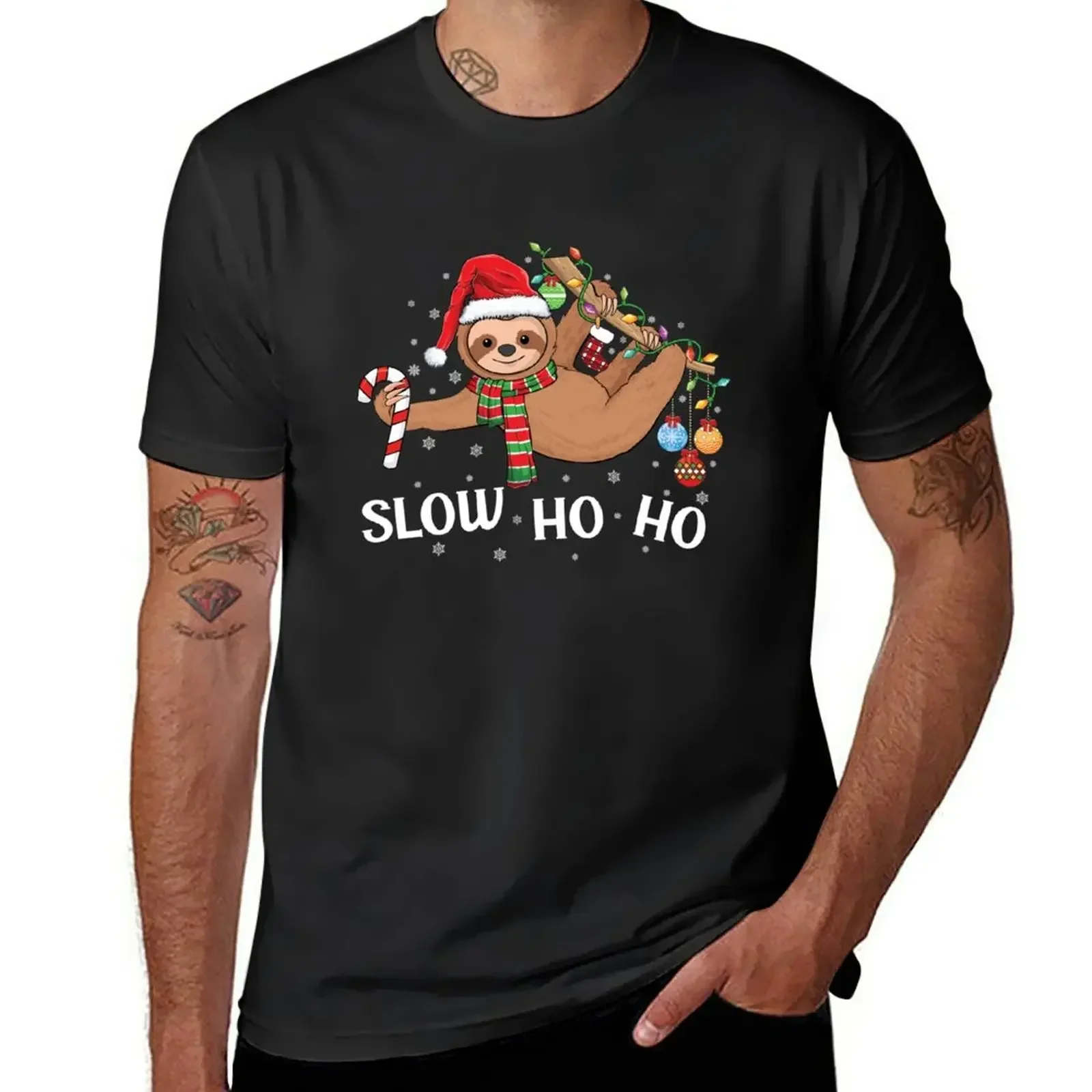 Black T-shirt short mens clothes oversized New Merry Slothmas Christmas sloth hat slow ho ho Xmas sloth T-Shirt