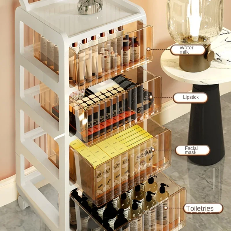 Plastic Cosmetic Storage Rotatable Dressing Table Shelf Drawer-Style Floor-Standing Cabinet Waterproof Skincare Trolley