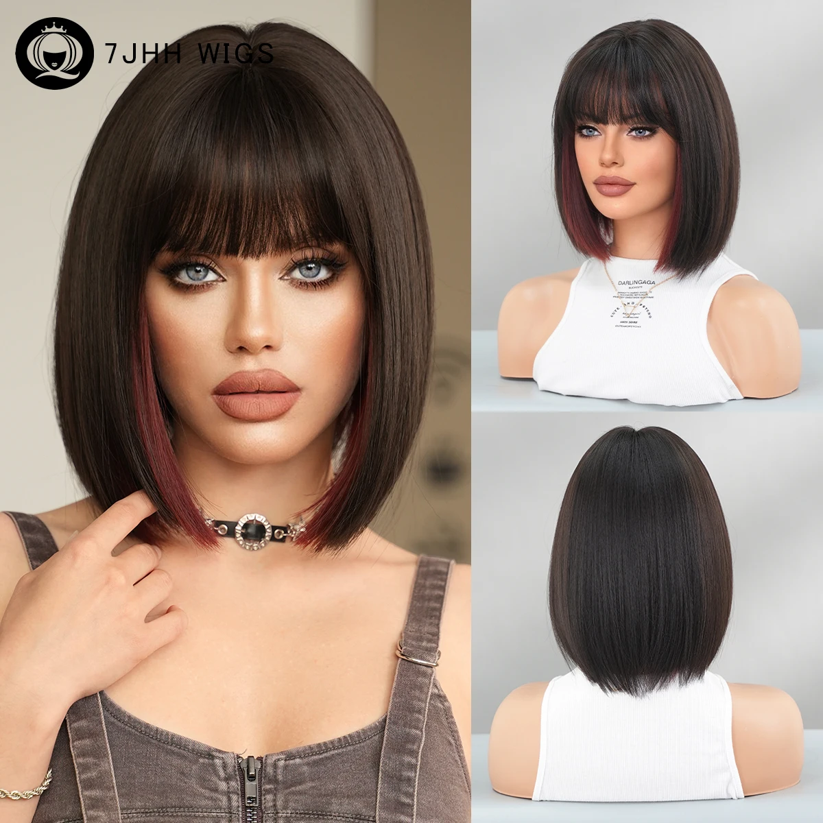

Black Highlight Dark Red Wig Short Straight Bob Wigs with Neat Bangs High Density Synthetic Layered Wig for Women Daily Use