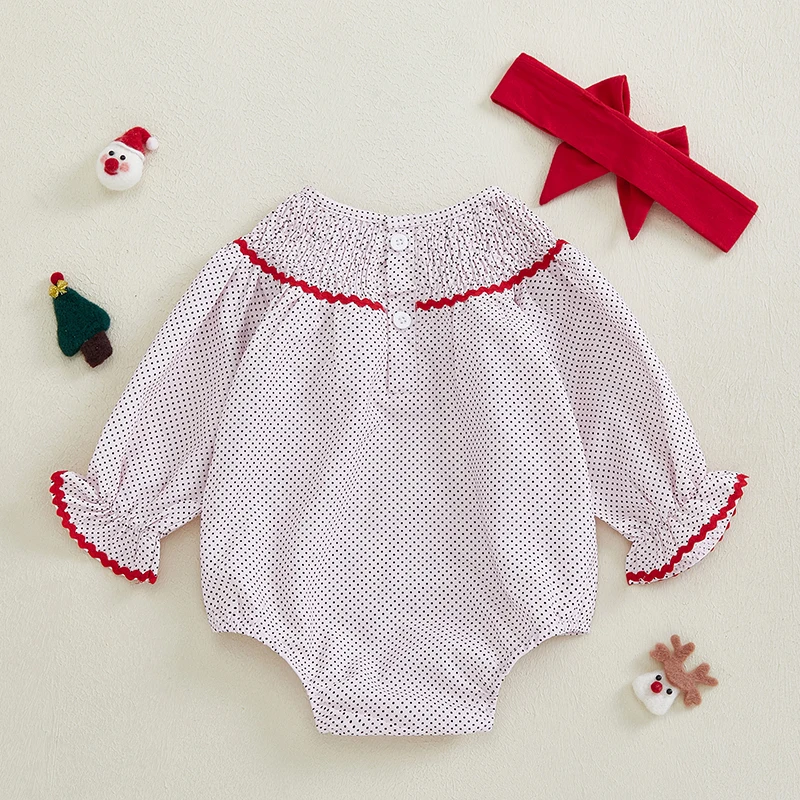 Smocked Baby Girl Clothes Christmas Romper Snowman Embroidery Long Sleeve Smocked Jumpsuits Bow Headband Outfits