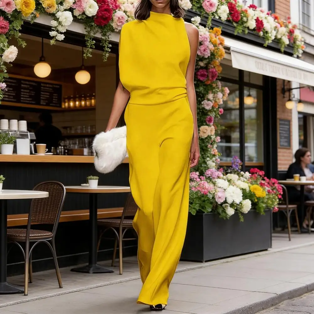 

Soft Fabric Jumpsuit One Piece Jumpsuit for Women Mock Neck Romper Wide Leg Summer Outfit with Pockets Ruched Vacation Style