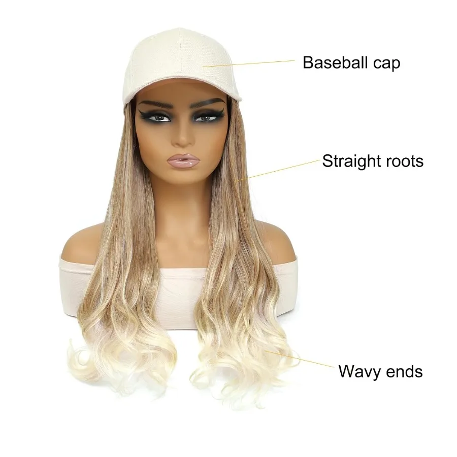 Perruque de chapeau casquette de Baseball avec extrémités ondulées racines droites Extensions de cheveux attachées perruque de remplacement de cheveux en fibres synthétiques résistantes à la chaleur