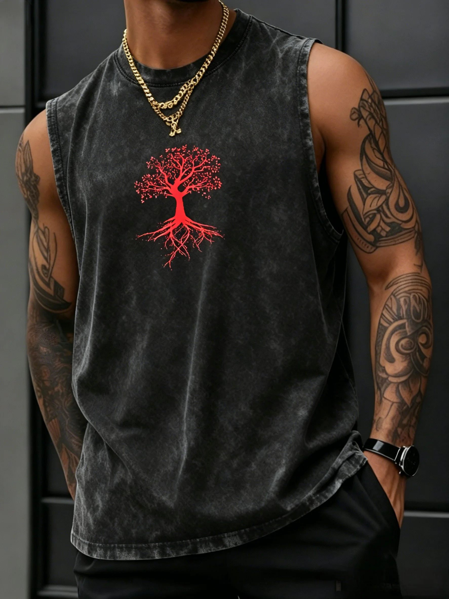 Herren Oversize Vintage Washed 100% Baumwolle Ärmelloses Tanktop 2026 Trend Lebensbaum-Print Lässige Outdoor-Workout-Weste – Detail 24