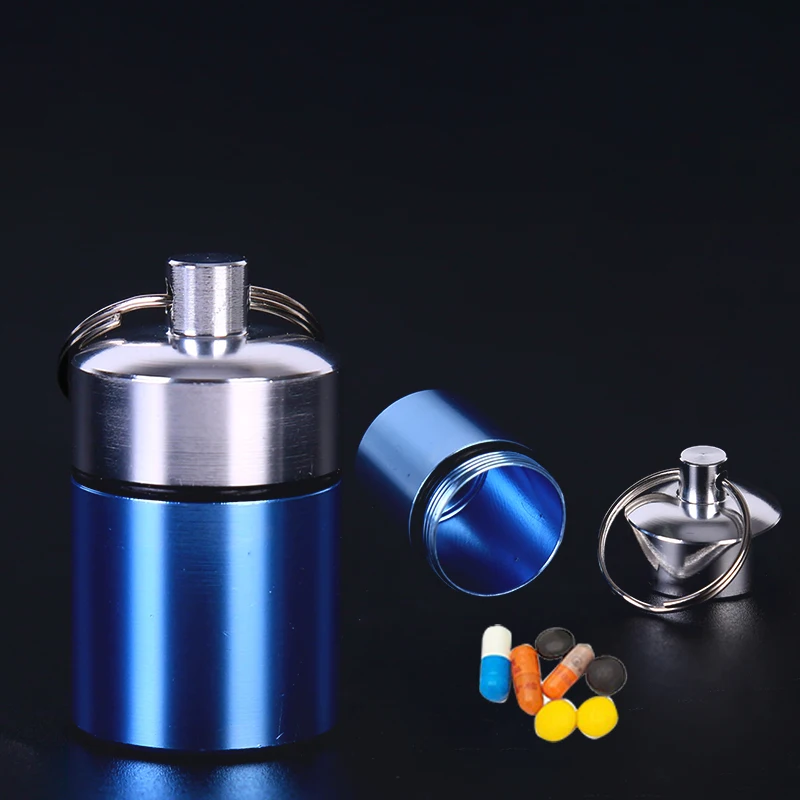 1pc Creative Stainless Steel Medicine Bottle Keychain Case Container Waterproof Holder Aluminum Drug Pill Box Keyring