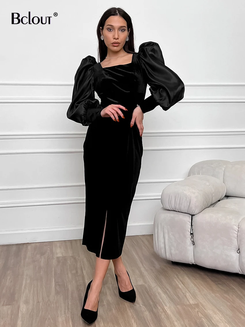 Bclout Vintage Party Black Long Dresses Women Fashion Puff Sleeve Party Sexy Slit Dress Elegant Knitted Velvet Midi Dresses 2024