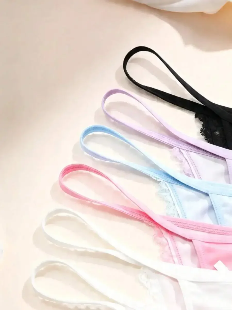 

6pcs Comfortable Solid Color Womens Thong Panties With Lace Trim