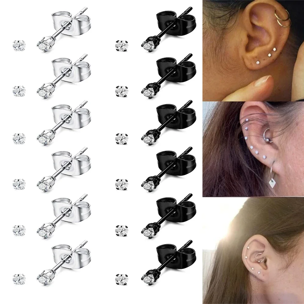 6pairs CZ Earring Stud 2mm Round Ball Post Fit Stainless Steel Hypoallergenic Bead Earring Jewelry Men Women Fashion