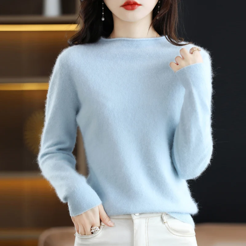 

Crimping O-collar Mink Cashmere Sweater Women's Basic Autumn/Winter Jacket With Loose Pullover Knitted Bottom Long Sleeve Tops