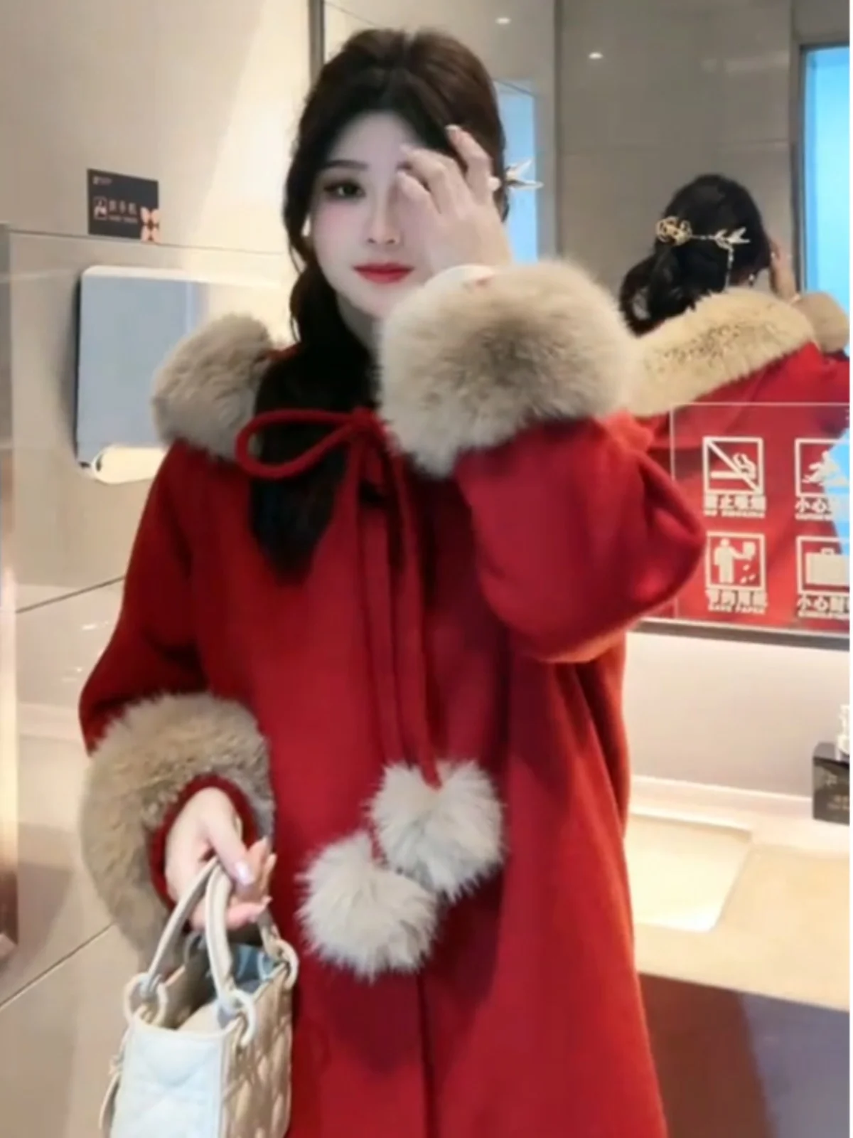 

Red New Year Robe Style Thickened Loose Woolen Coat with Hood Long Sleeve Mid-Length Korean Style Commute Fashion plus Size