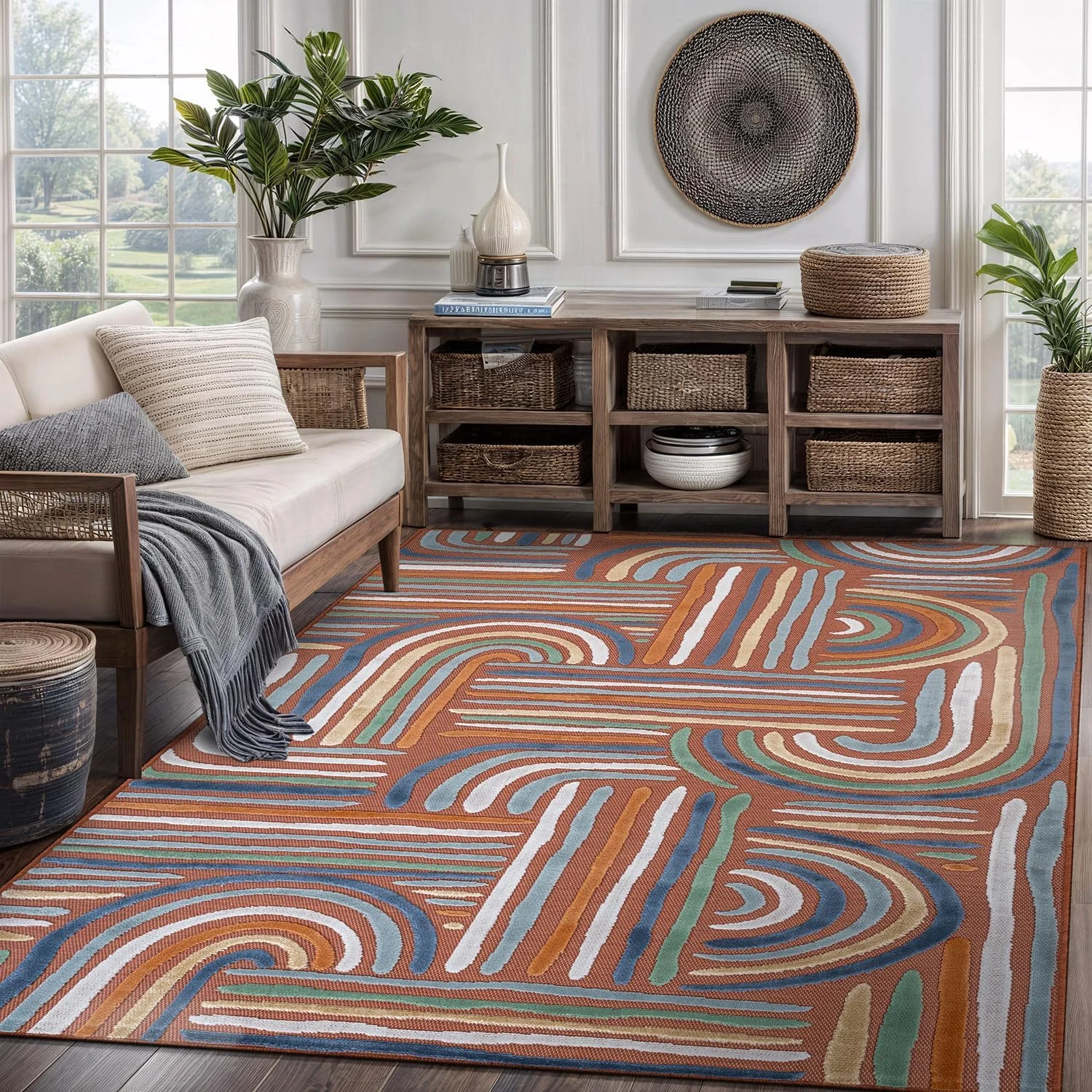 Vintage Abstract Rainbow Geometric Living Room Rug Art Curved Stripe Sofa Coffee Table Floor Mat Non‑Slip Carpet for Bedroom