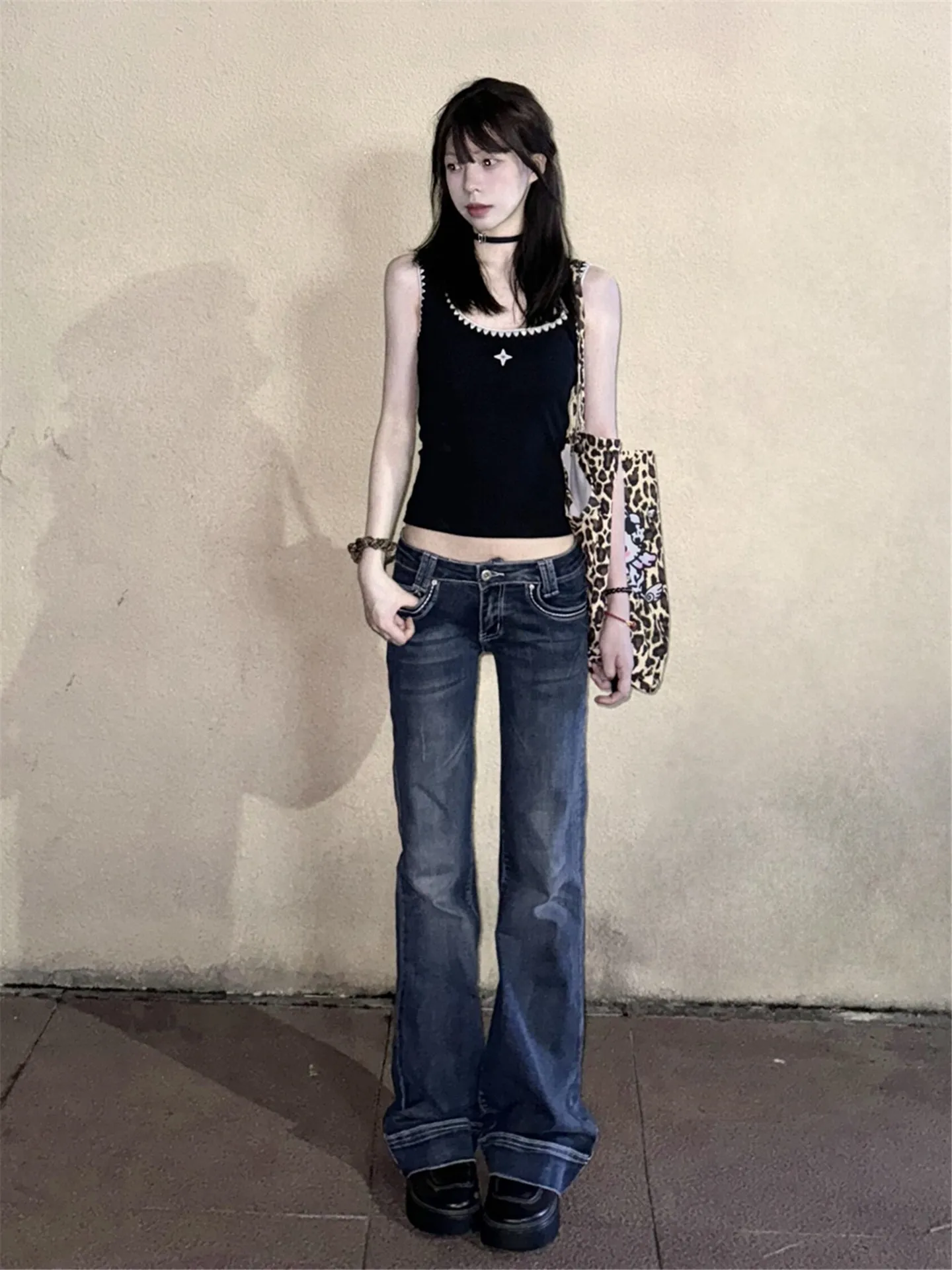 

American Style Low Waist Bell Bottom Jeans Women's Summer Slimming Long Jeans High Waist Extended plus Size Retro Blue