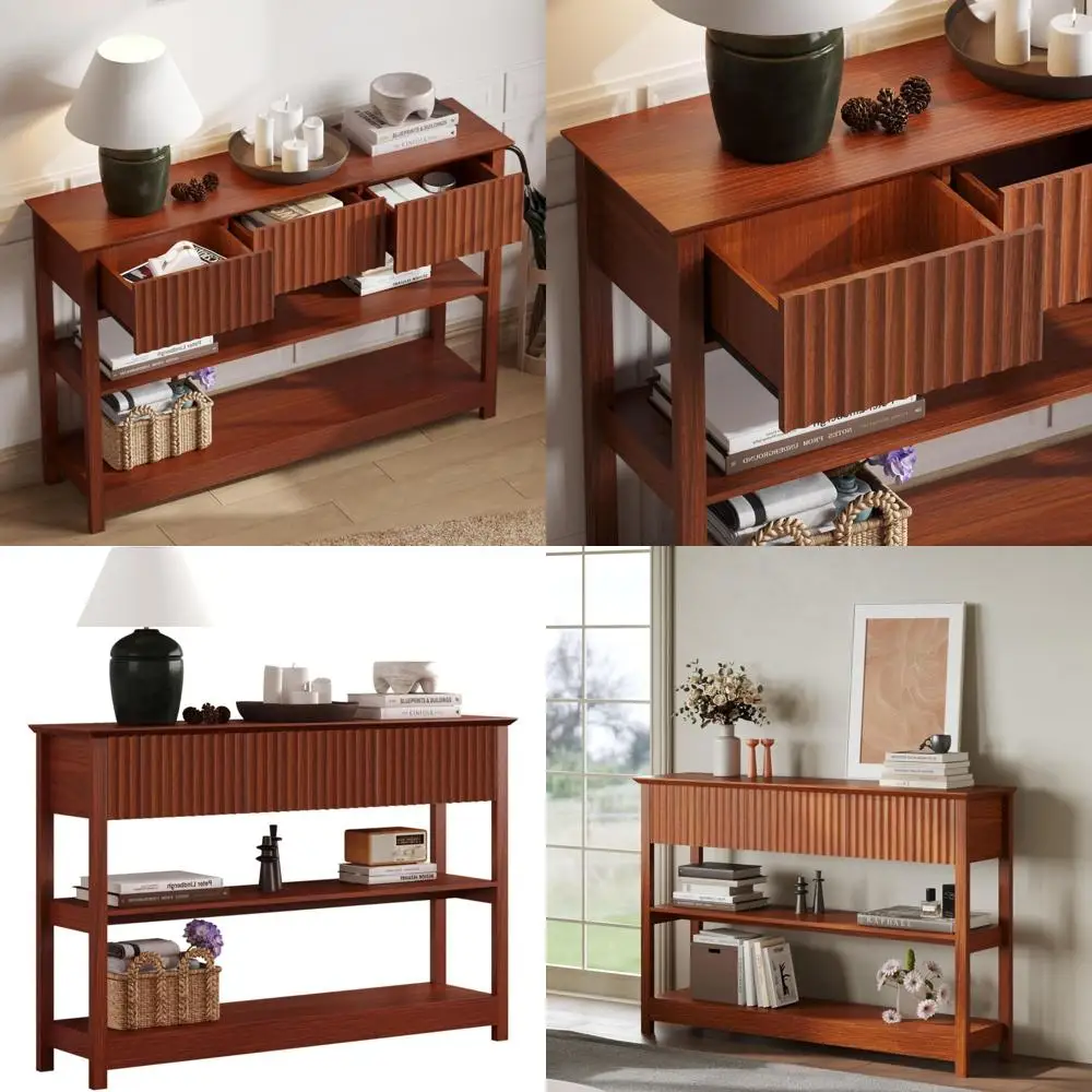 

Narrow Fluted Console Table with Drawers and Shelves for Entryway and Behind Couch, Sofa Table for Compact Spaces