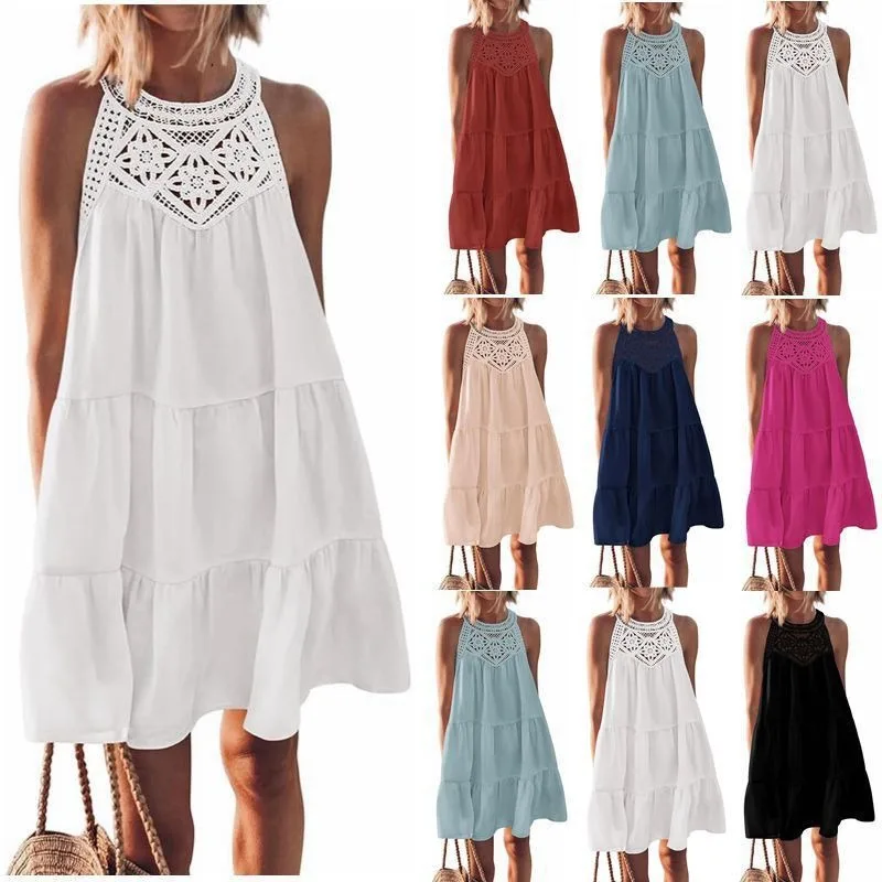 

Women Dresses O Neck Knee Length Dress Pleated Casual Solid Hollow Beach Sleeveless Summer Beach Style Loose Slight Strech