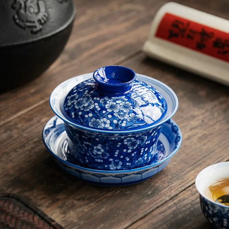 Blue And White Ice Plum Cover Bowl Ceramic Kung Fu Tea Set Three Tea Cover Cup Bowl Small Worship Bowl