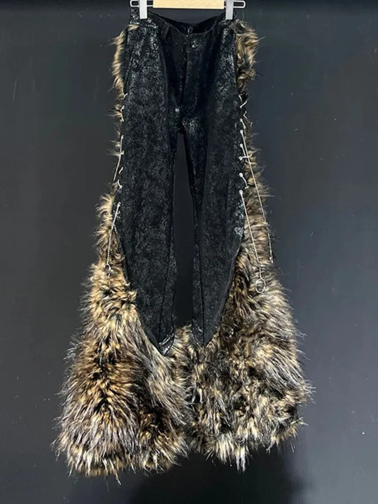 2025 Trend New Male Casual Pants Leopard Print Patchwork Faux Fur Thickened Flared Trousers Niche Fashion Menswear XDE78