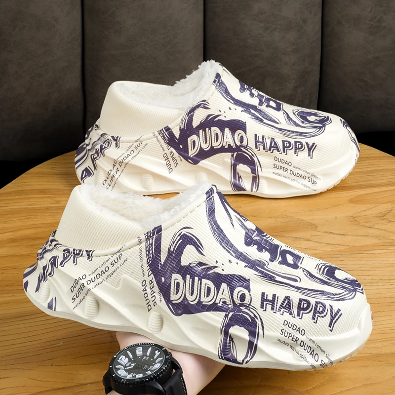 

New EVA Short Plush Waterproof Couples Slippers Winter Warm Striped Cotton Shoes for Men Soft Thick Comfort Home Floors Slides