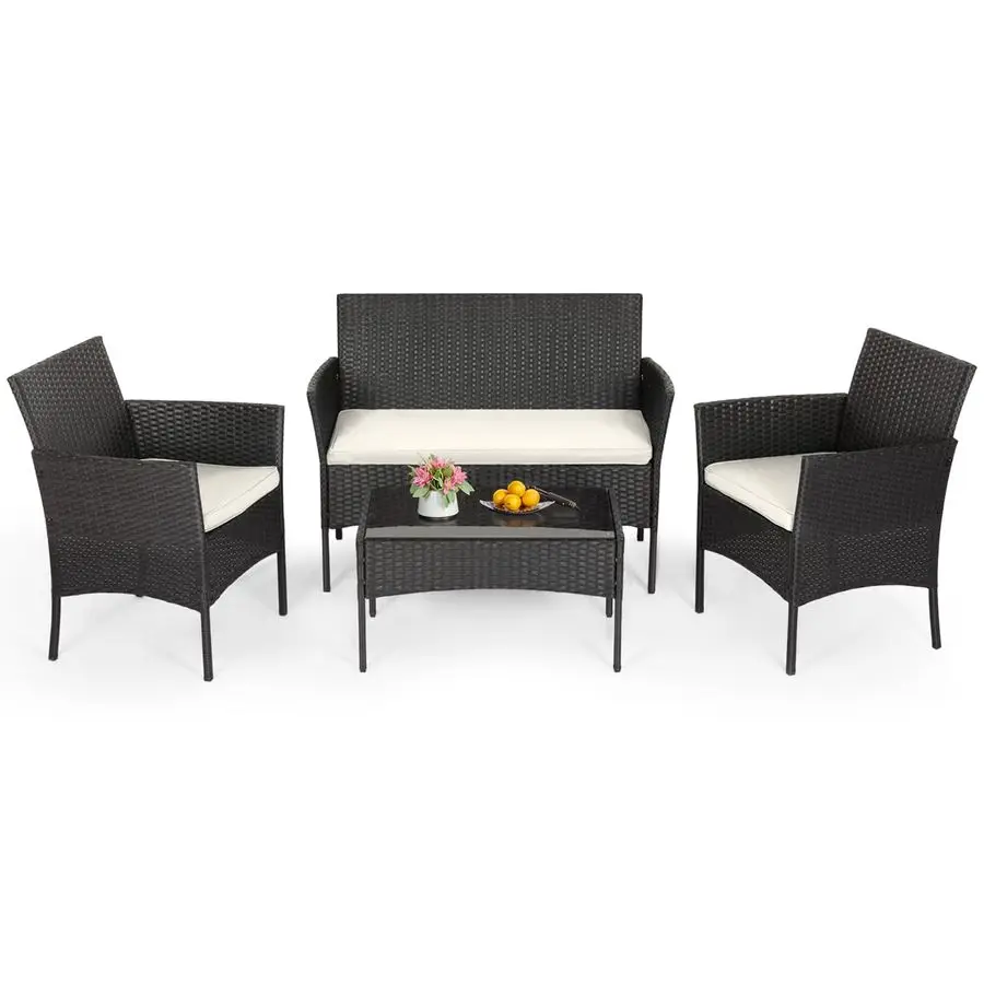 

4Piece Patio Furniture Set Black Outdoor Wicker Furniture with Coffee Table Modern Rattan Chairs Conversation Set Outdoor Seati