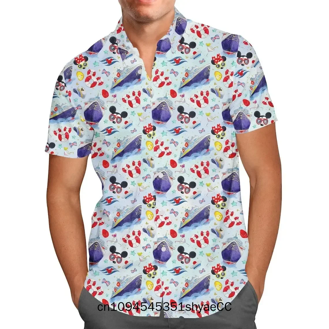 Watercolor Minnie Mermaids Hawaiian Shirt Disney Inspired Men's Button Down Short-Sleeved Shirt Men's Women's Casual Beach Shirt