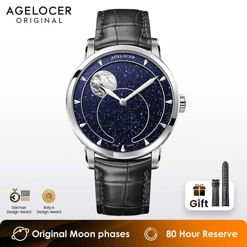 AGELOCER Original Astronomer Watch Blue Aventurine Dial Men's Luxury Automatic Mechanical Moon Phase Watch Birthday Gift for Men