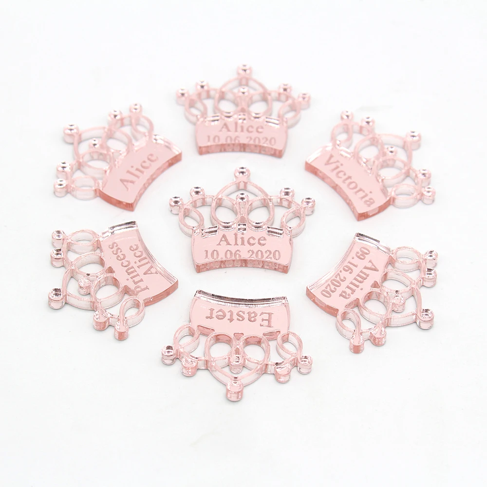 30/50/100pcs Personalized Mirror Crown Wedding Tags Table Center Decor Card Acrylic Baby Name Sign Party Favors Laser Cut Gift