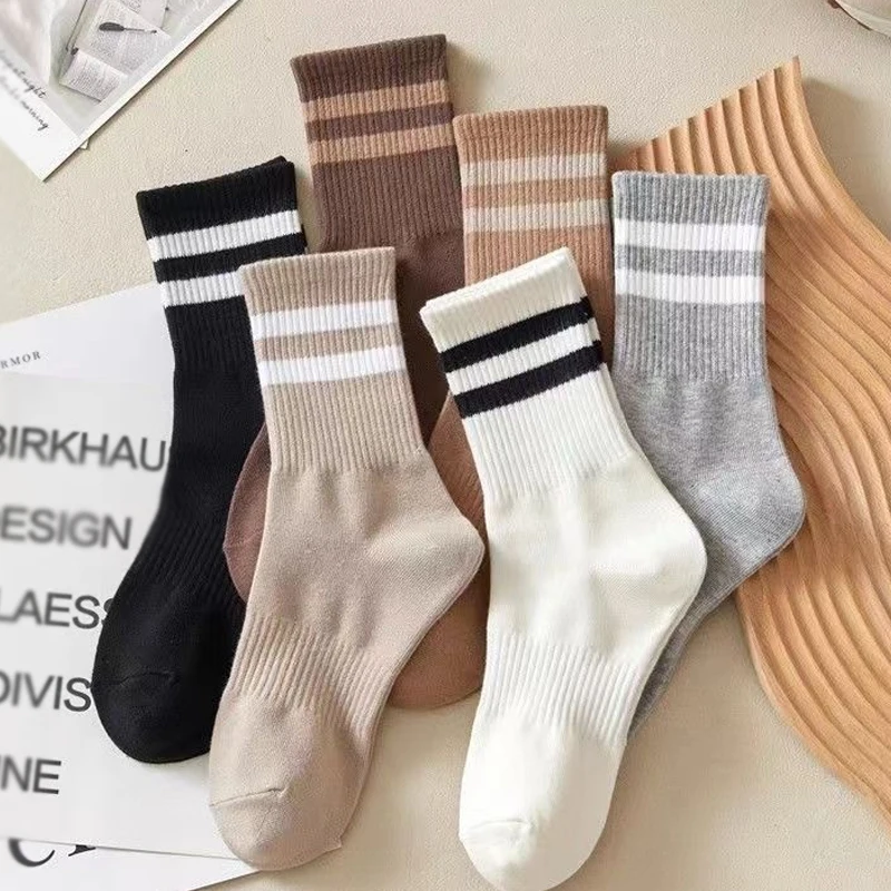 

6 Pairs Women's Mid-Calf Socks Non-Slip Ribbed Cuff 2-Stripe Solid Color Athletic Casual Ankle Socks