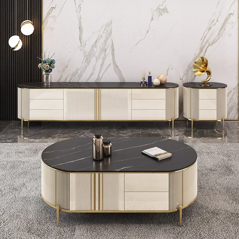 

Italian light luxury rock slab TV cabinet coffee table combination small apartment living room modern simple floor wall cabinet