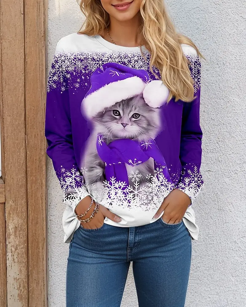 2024 Christmas Cat Christmas Hat European and American Long Sleeve T-shirt 3D Christmas Series Printed Women\'s T-shirt Hoodie