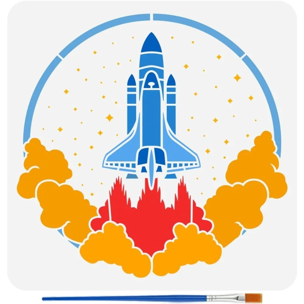 

Трафарет для рисования Rocket Takes Off с кистью 11,8x11,8 дюйма, шаблон для рисования с рисунком звездного неба, космическая тема, украшение «сделай сам»