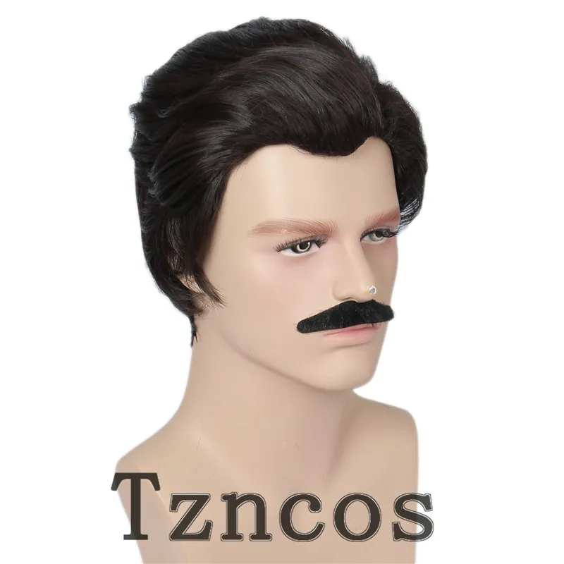 Tzncos-Perruque bouclée noire Chang D343 pour hommes, olympiques courts des années 80, perruque de sac et moustache, costume de cosplay d'Halloween