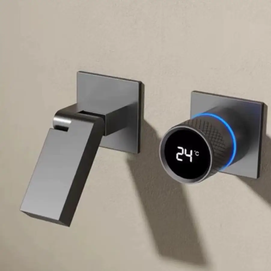 Imagem -02 - Torneira Dobrável de Parede para Banheiro Lavatório Quente e Frio Display Digital Branco ou Preto